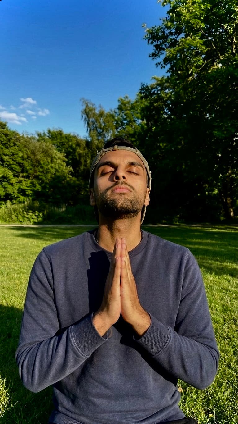 Riico Gami in prayer, hands at heart, seated on grass beneath an open sky