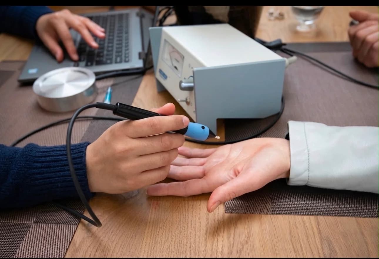 An EAV reading in progress, the probe held to a client's palm beside the Kindling device